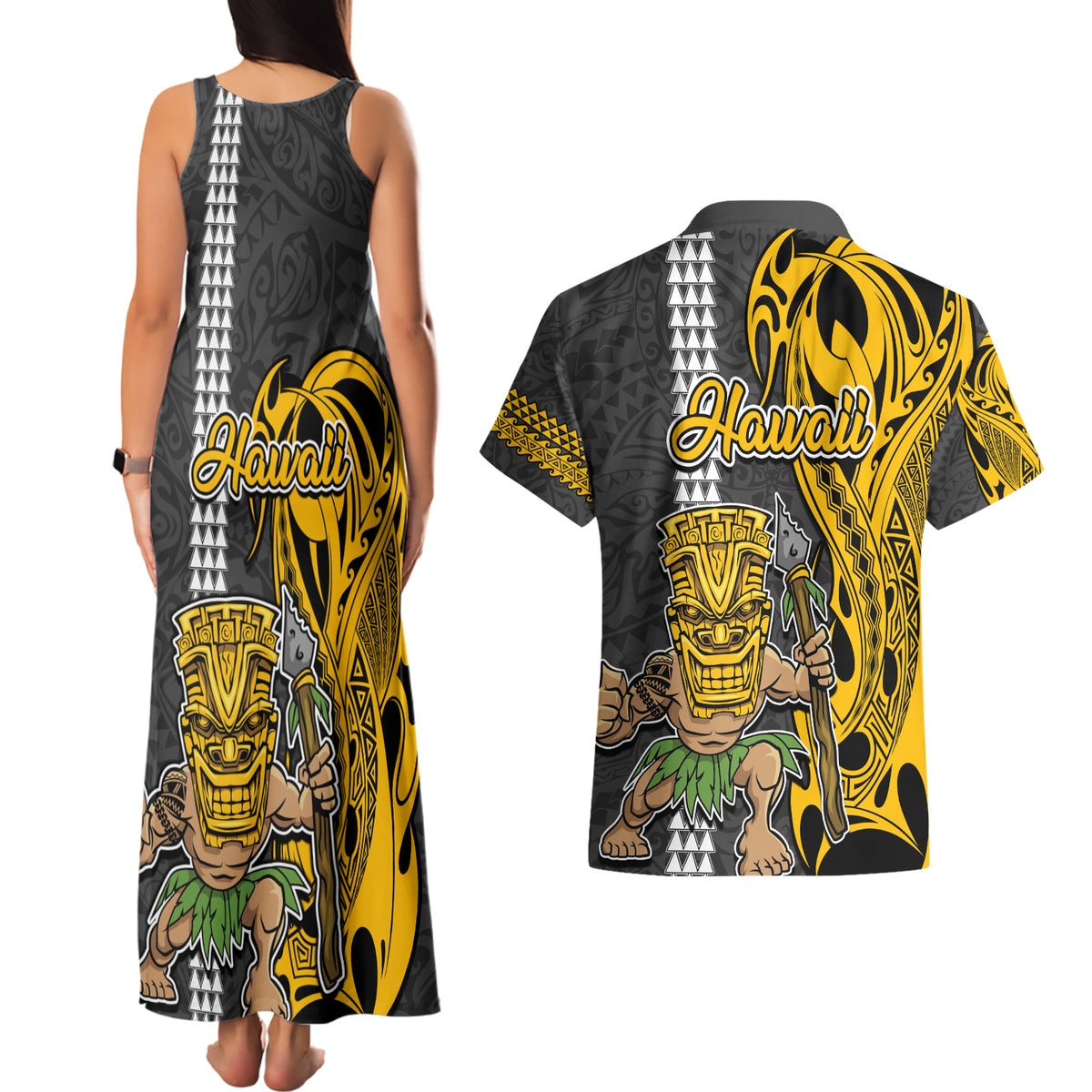 Hawaii Lanai Island Couples Matching Tank Maxi Dress and Hawaiian Shirt Hawaiian Warrior and Kakau Symbols Abstract Tattoo LT03 - Polynesian Pride