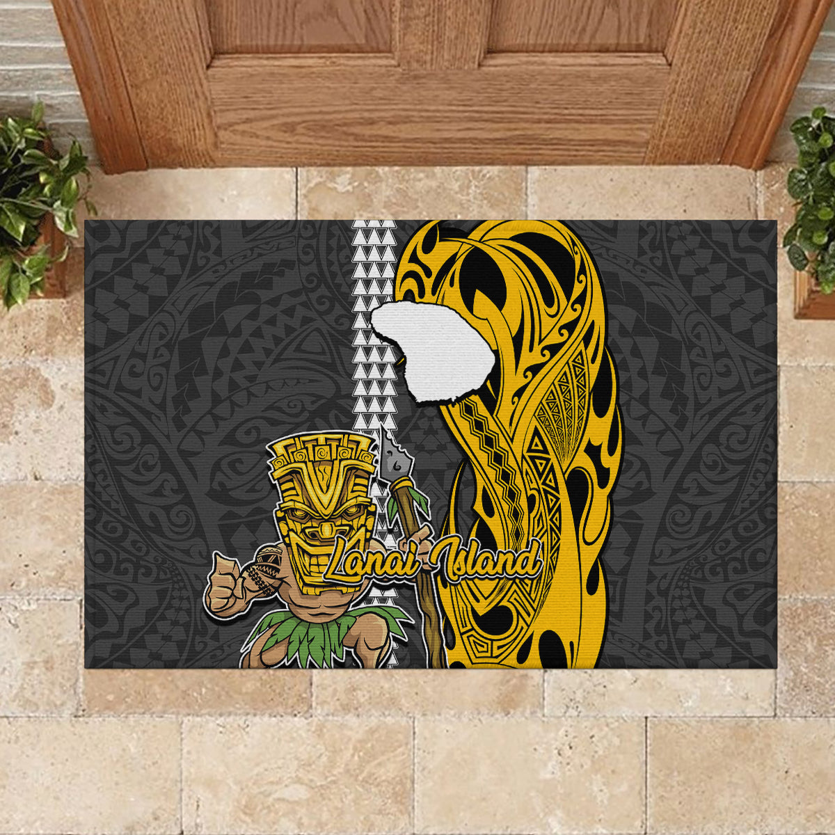 Hawaii Lanai Island Rubber Doormat Hawaiian Warrior and Kakau Symbols Abstract Tattoo LT03 - Polynesian Pride