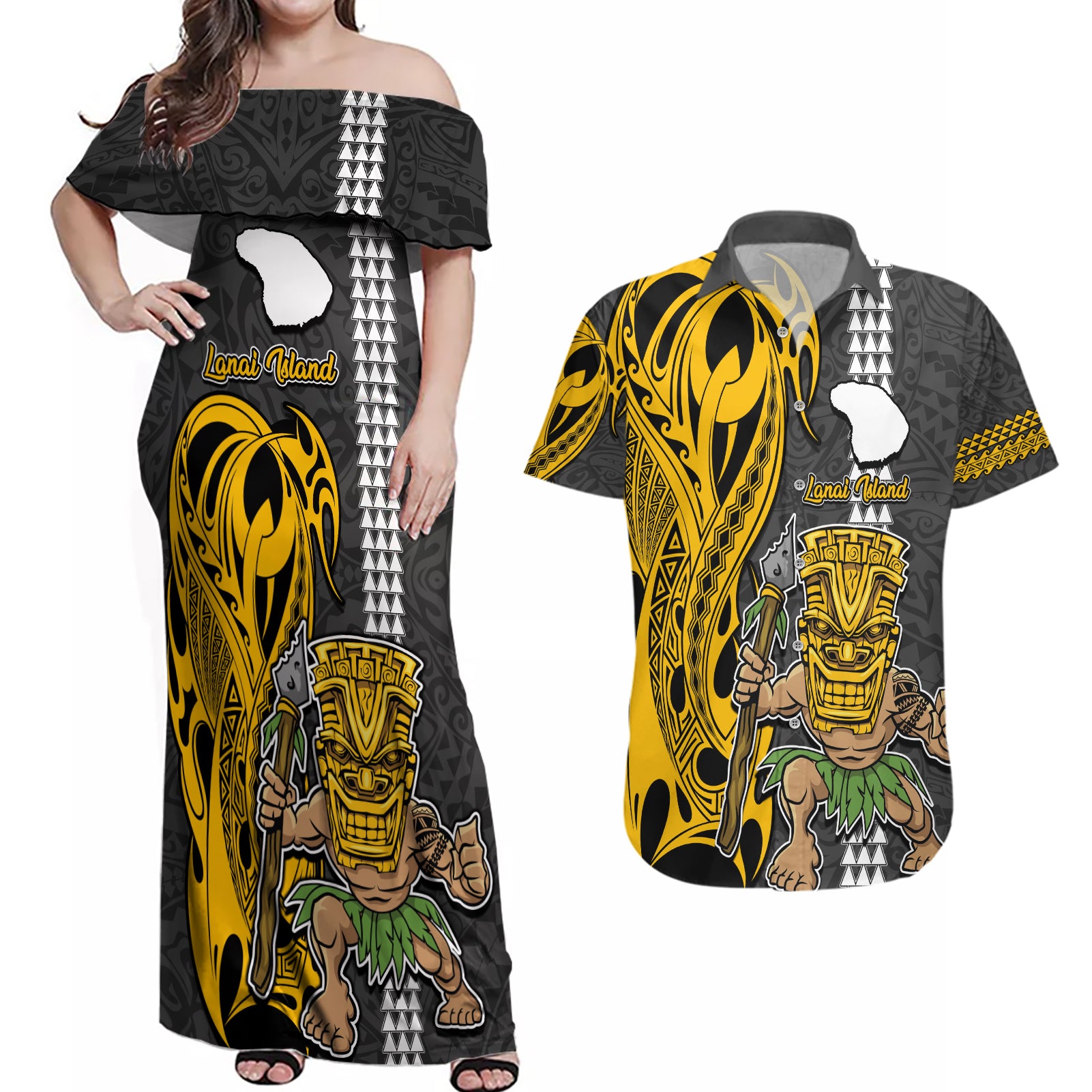 Custom Hawaii Lanai Island Couples Matching Off Shoulder Maxi Dress and Hawaiian Shirt Hawaiian Warrior and Kakau Symbols Abstract Tattoo LT03 Yellow - Polynesian Pride