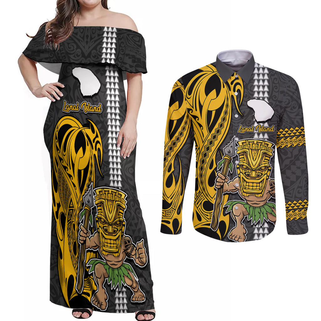 Custom Hawaii Lanai Island Couples Matching Off Shoulder Maxi Dress and Long Sleeve Button Shirts Hawaiian Warrior and Kakau Symbols Abstract Tattoo LT03 Yellow - Polynesian Pride