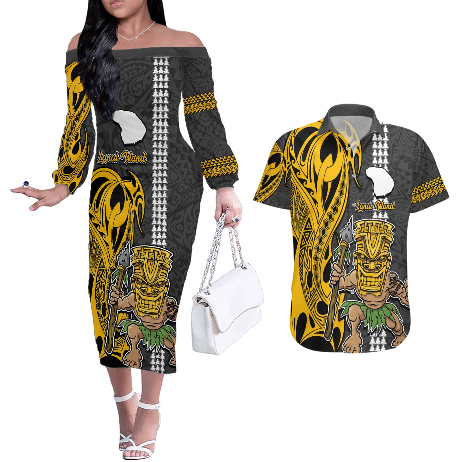 Custom Hawaii Lanai Island Couples Matching Off The Shoulder Long Sleeve Dress and Hawaiian Shirt Hawaiian Warrior and Kakau Symbols Abstract Tattoo LT03 Yellow - Polynesian Pride