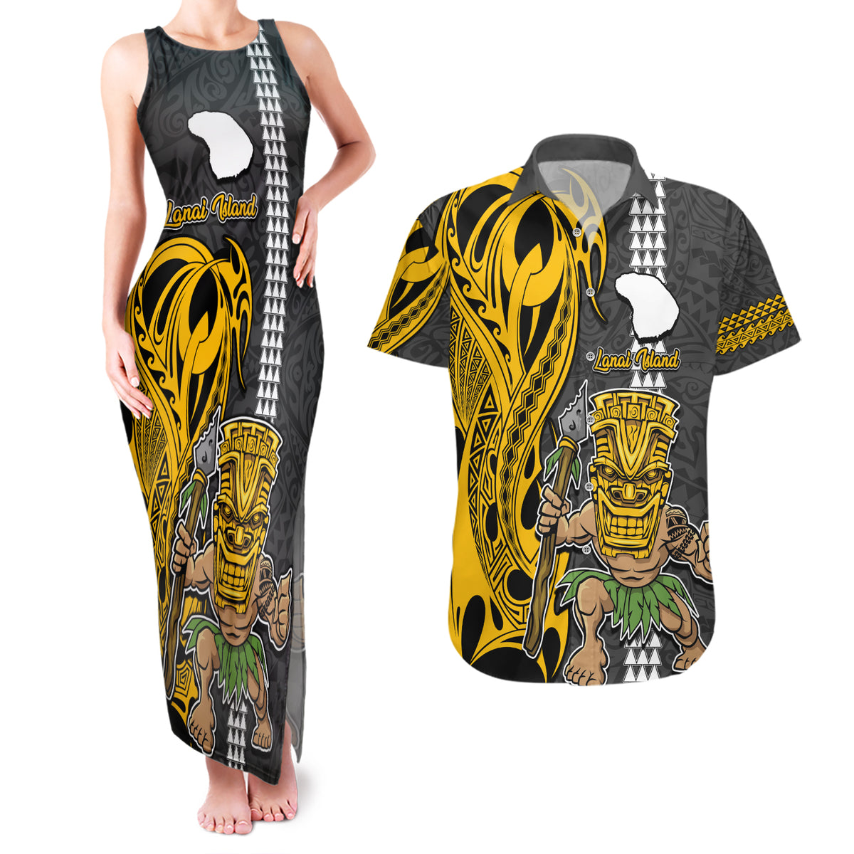 Custom Hawaii Lanai Island Couples Matching Tank Maxi Dress and Hawaiian Shirt Hawaiian Warrior and Kakau Symbols Abstract Tattoo LT03 Yellow - Polynesian Pride