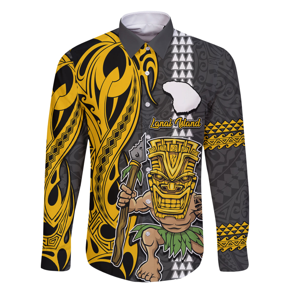 Custom Hawaii Lanai Island Family Matching Off Shoulder Maxi Dress and Hawaiian Shirt Hawaiian Warrior and Kakau Symbols Abstract Tattoo LT03 Dad's Shirt - Long Sleeve Yellow - Polynesian Pride