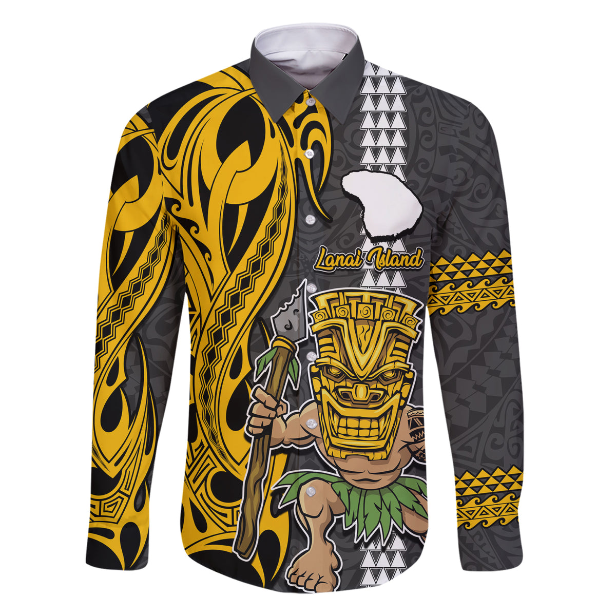 Custom Hawaii Lanai Island Family Matching Short Sleeve Bodycon Dress and Hawaiian Shirt Hawaiian Warrior and Kakau Symbols Abstract Tattoo LT03 Dad's Shirt - Long Sleeve Yellow - Polynesian Pride