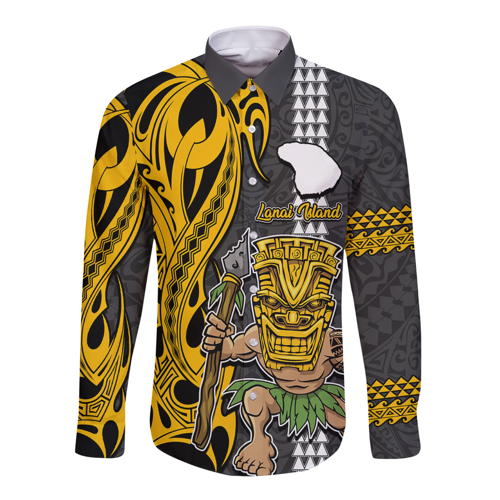 Custom Hawaii Lanai Island Long Sleeve Button Shirt Hawaiian Warrior and Kakau Symbols Abstract Tattoo LT03 Unisex Yellow - Polynesian Pride