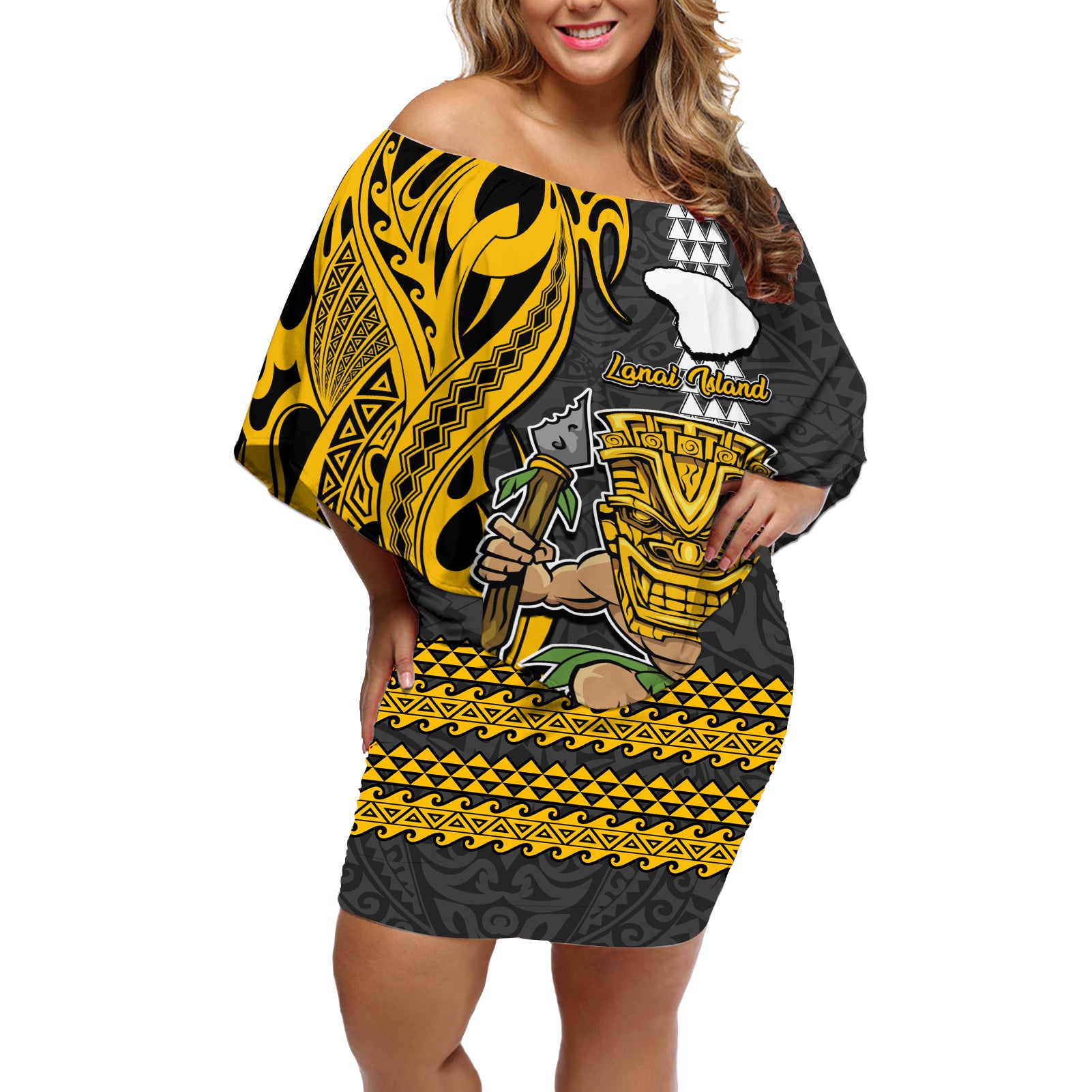 Custom Hawaii Lanai Island Off Shoulder Short Dress Hawaiian Warrior and Kakau Symbols Abstract Tattoo LT03 Women Yellow - Polynesian Pride