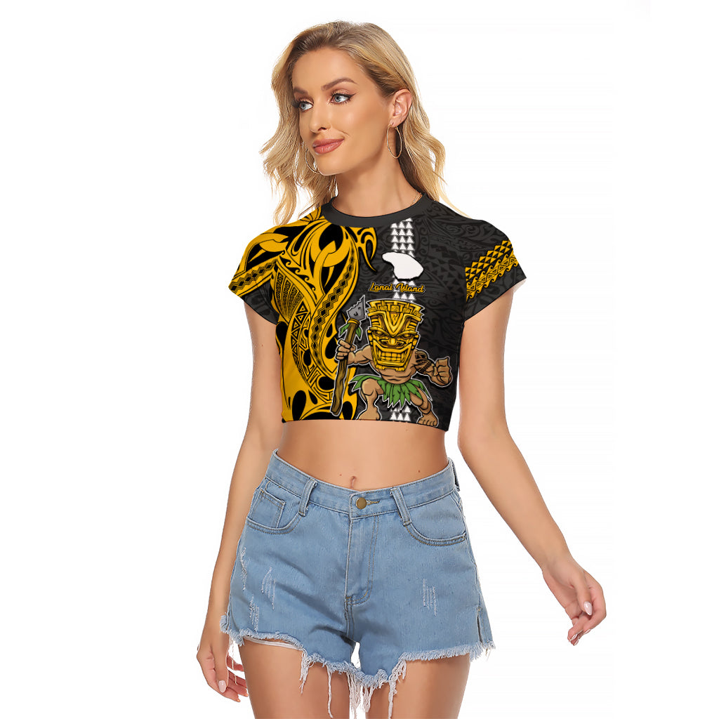 Custom Hawaii Lanai Island Raglan Cropped T Shirt Hawaiian Warrior and Kakau Symbols Abstract Tattoo LT03 Female Yellow - Polynesian Pride