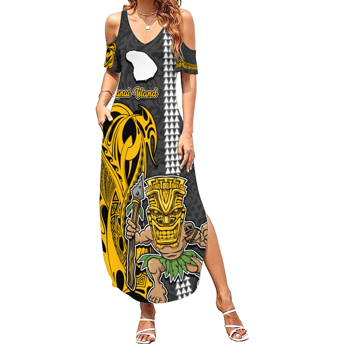 Custom Hawaii Lanai Island Summer Maxi Dress Hawaiian Warrior and Kakau Symbols Abstract Tattoo LT03 Women Yellow - Polynesian Pride