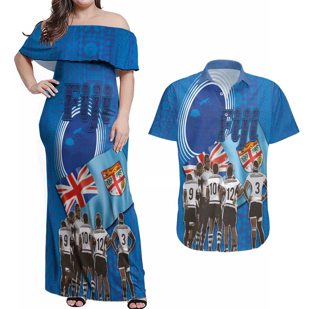 Fiji Rugby Sevens Couples Matching Off Shoulder Maxi Dress and Hawaiian Shirt Commemorate Gold Medal - Rio de Janeiro 2016