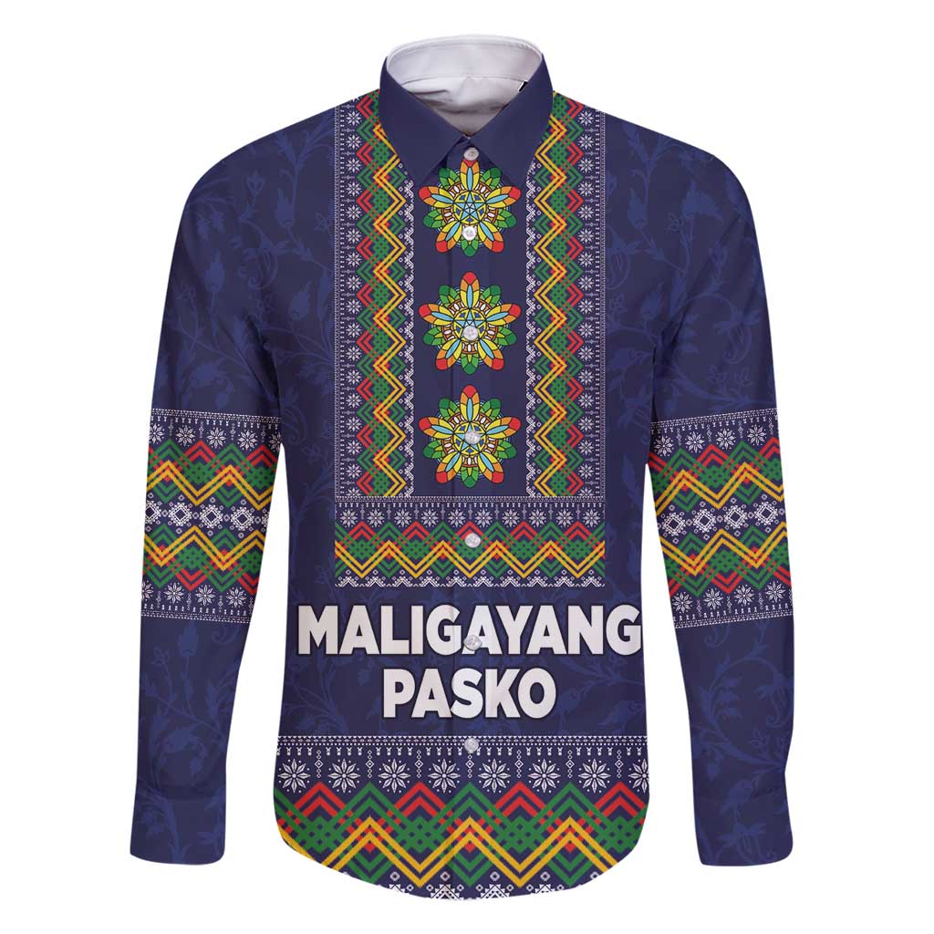 Philippines Merry Christmas Family Matching Off Shoulder Short Dress and Hawaiian Shirt Maligayang Pasko with Parol and Xmas Pattern Barong Style LT03 Dad's Shirt - Long Sleeve Blue - Polynesian Pride