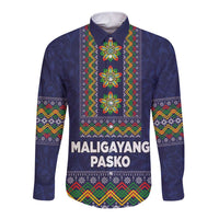 Philippines Merry Christmas Long Sleeve Button Shirt Maligayang Pasko with Parol and Xmas Pattern Barong Style LT03 Unisex Blue - Polynesian Pride
