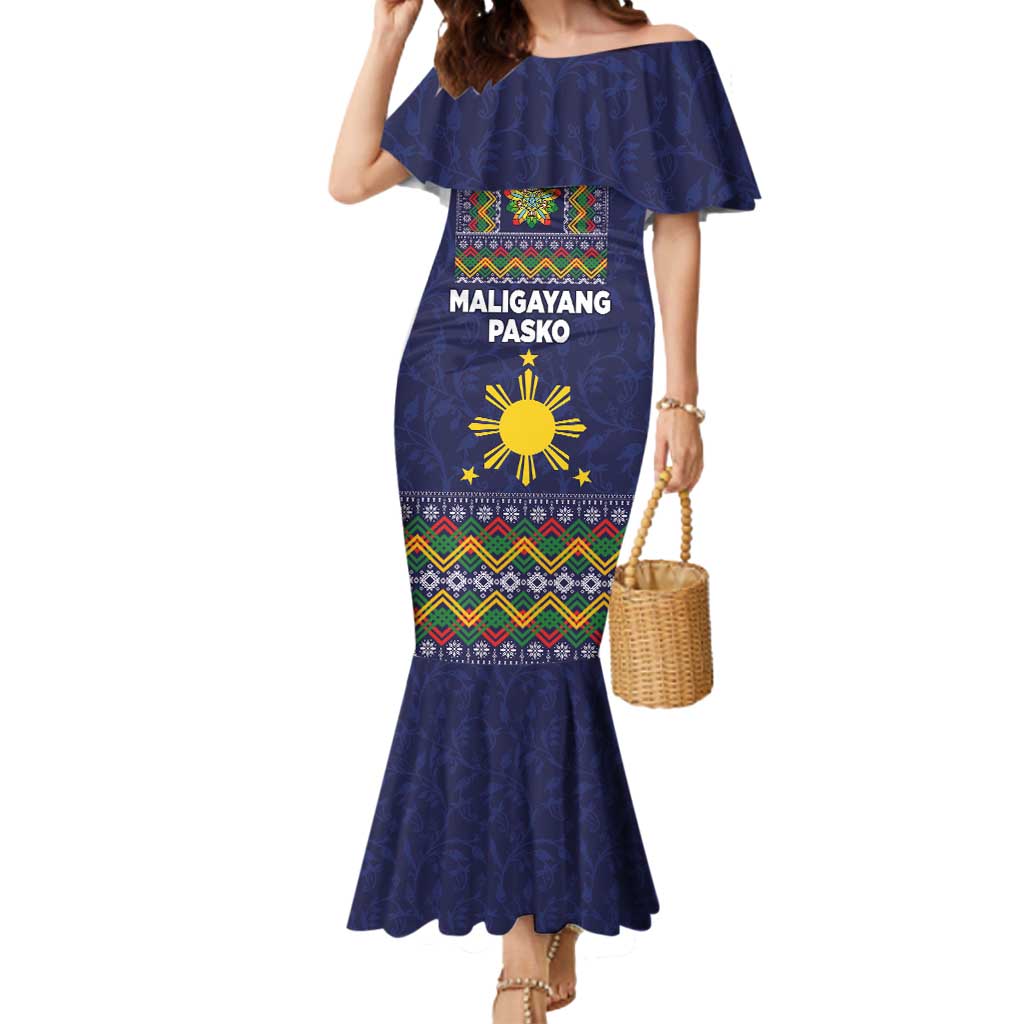 Philippines Merry Christmas Mermaid Dress Maligayang Pasko with Parol and Xmas Pattern Barong Style