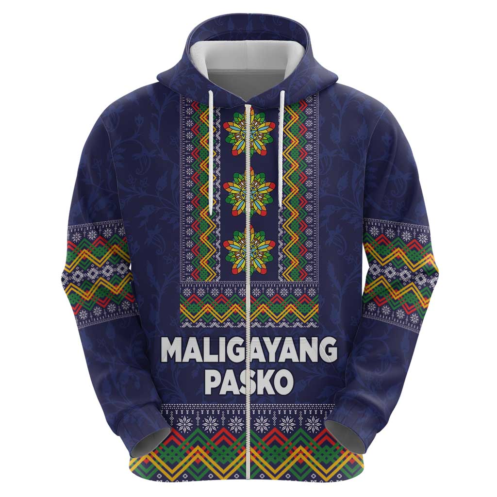 Philippines Merry Christmas Zip Hoodie Maligayang Pasko with Parol and Xmas Pattern Barong Style