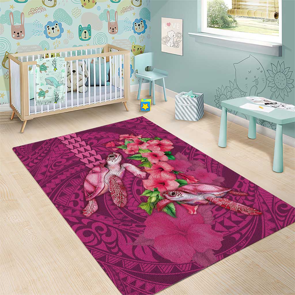 Hawaiian Turtle Love Couple Area Rug - Sweet Hibiscus and Kakau Pattern Rose Color