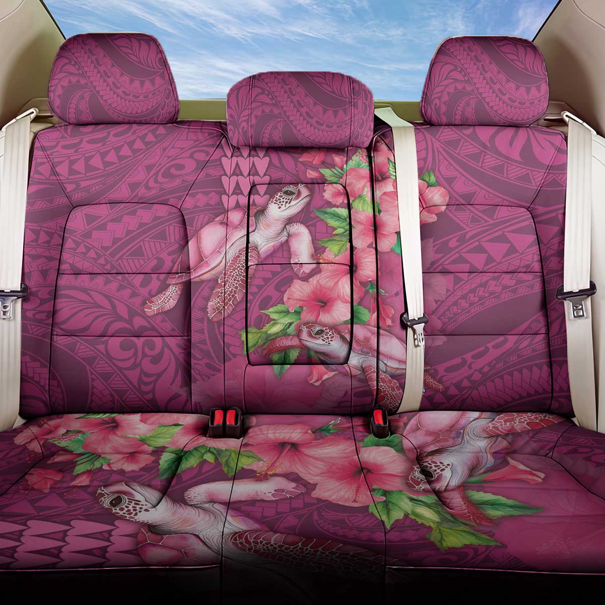 Hawaiian Turtle Love Couple Back Car Seat Cover - Sweet Hibiscus and Kakau Pattern Rose Color