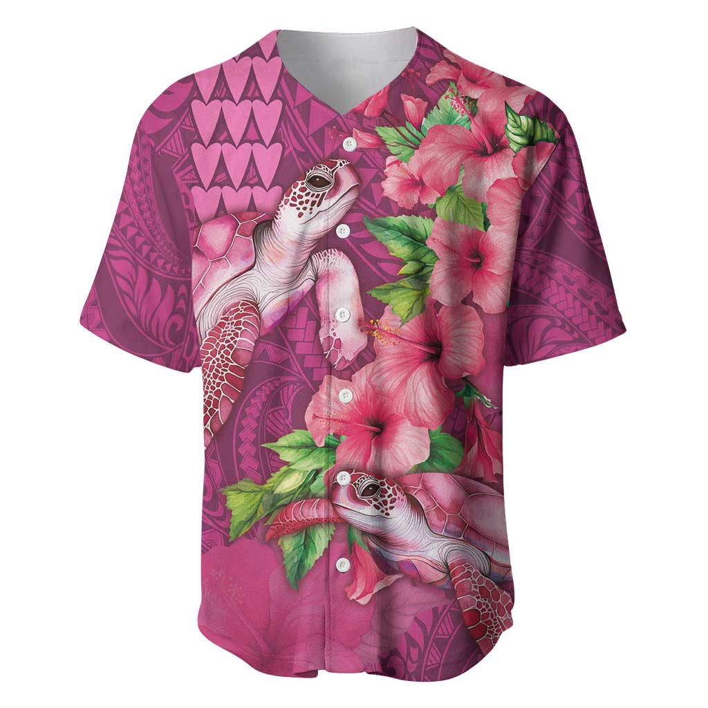 Hawaiian Turtle Love Couple Baseball Jersey - Sweet Hibiscus and Kakau Pattern Rose Color