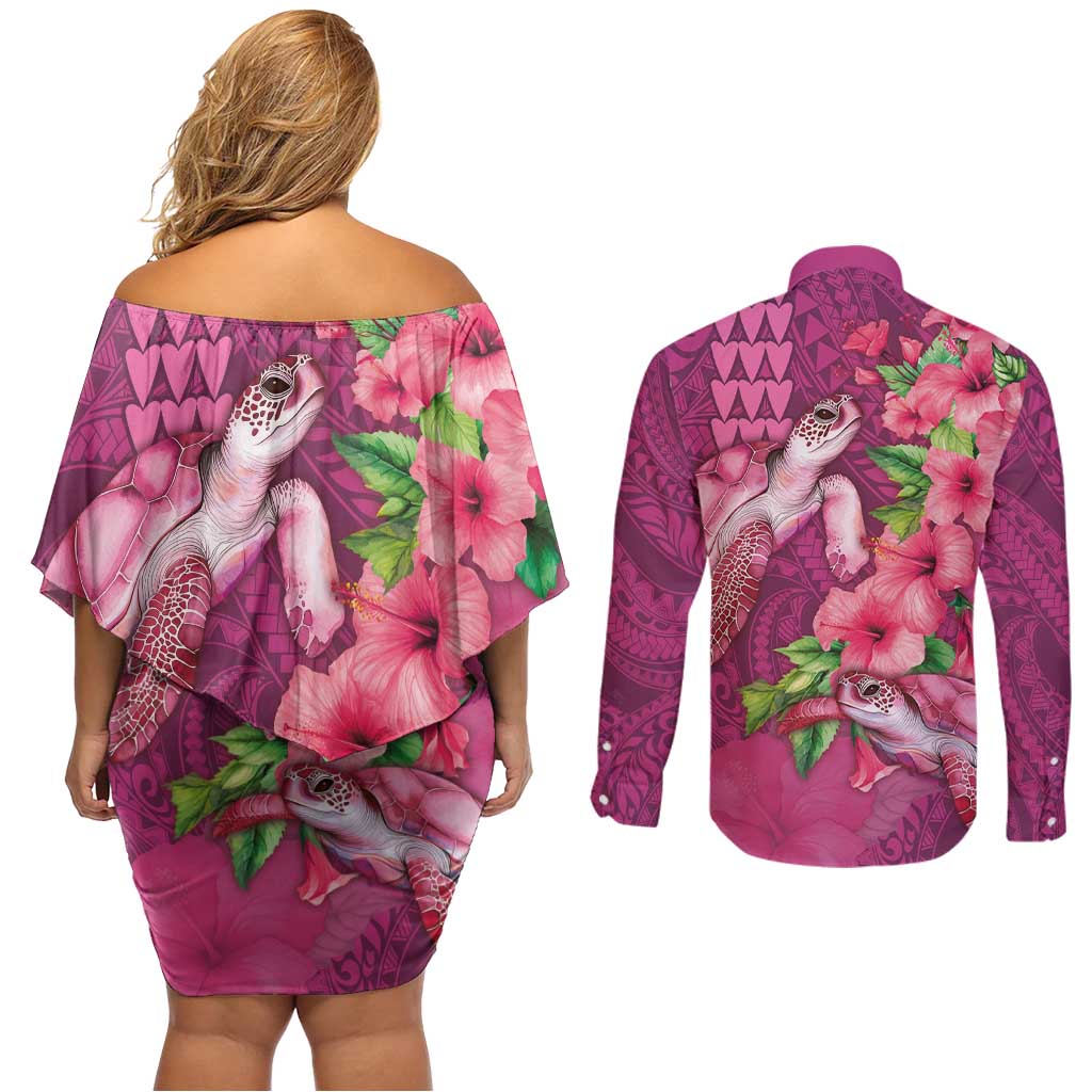Hawaiian Turtle Love Couple Couples Matching Off Shoulder Short Dress and Long Sleeve Button Shirt - Sweet Hibiscus and Kakau Pattern Rose Color