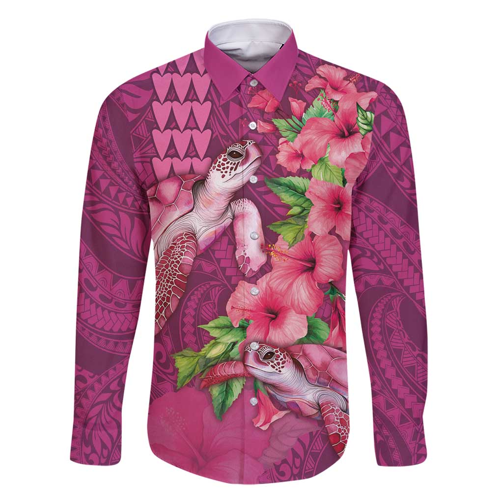 Hawaiian Turtle Love Couple Family Matching Off Shoulder Short Dress and Hawaiian Shirt - Sweet Hibiscus and Kakau Pattern Rose Color