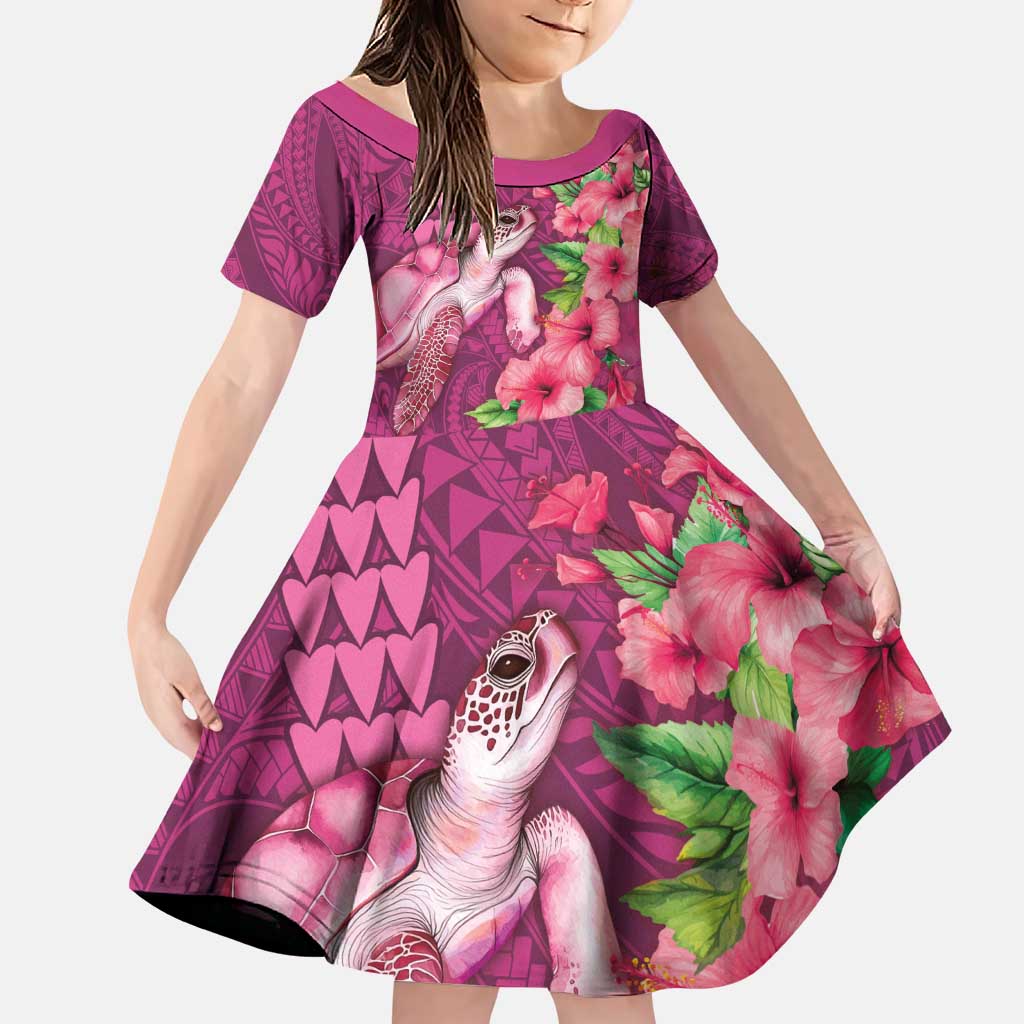 Hawaiian Turtle Love Couple Family Matching Puletasi and Hawaiian Shirt - Sweet Hibiscus and Kakau Pattern Rose Color LT03 Daughter's Dress Pink - Polynesian Pride