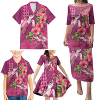 Hawaiian Turtle Love Couple Family Matching Puletasi and Hawaiian Shirt - Sweet Hibiscus and Kakau Pattern Rose Color LT03 - Polynesian Pride