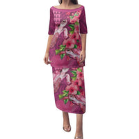 Hawaiian Turtle Love Couple Family Matching Puletasi and Hawaiian Shirt - Sweet Hibiscus and Kakau Pattern Rose Color LT03 Mom's Dress Pink - Polynesian Pride