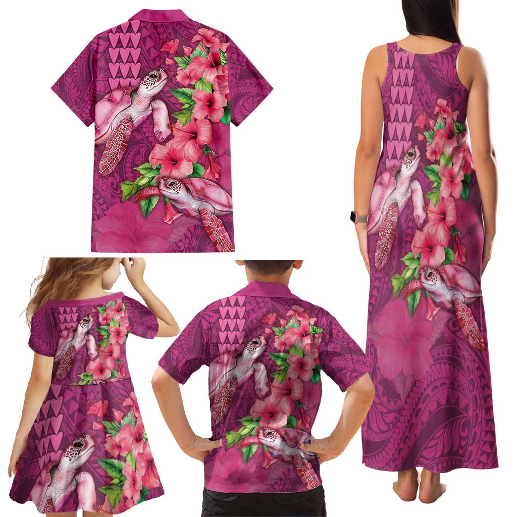 Hawaiian Turtle Love Couple Family Matching Tank Maxi Dress and Hawaiian Shirt - Sweet Hibiscus and Kakau Pattern Rose Color