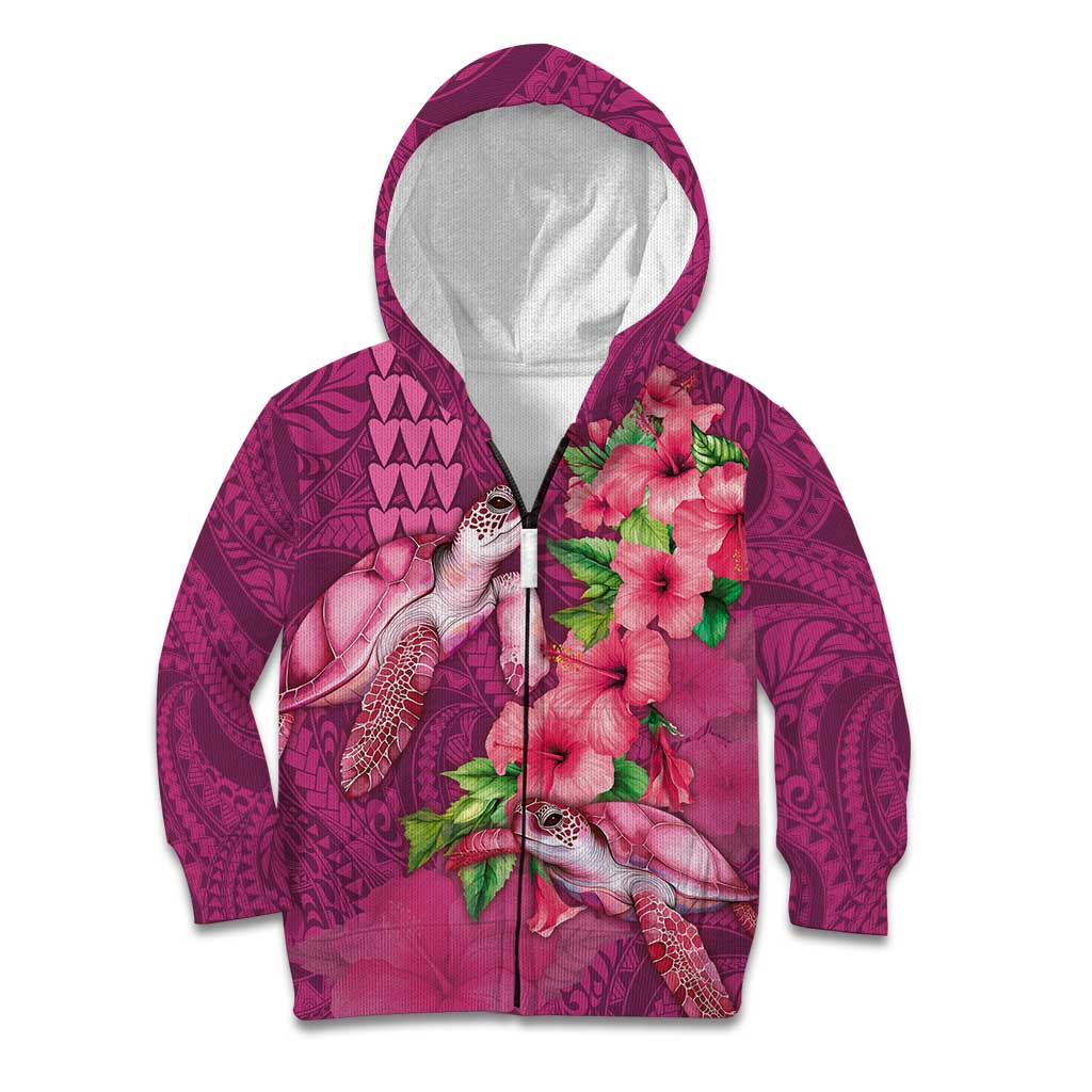 Hawaiian Turtle Love Couple Kid Hoodie - Sweet Hibiscus and Kakau Pattern Rose Color