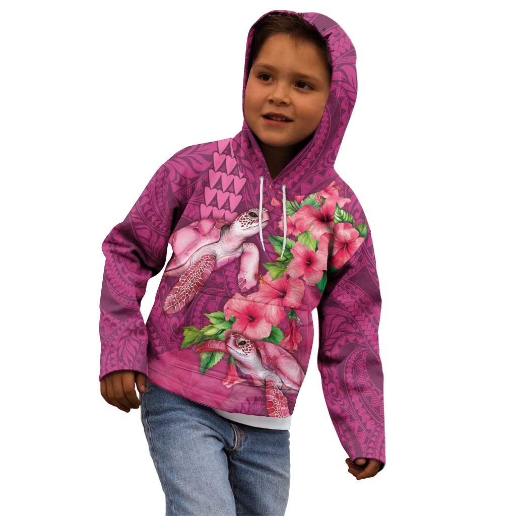 Hawaiian Turtle Love Couple Kid Hoodie - Sweet Hibiscus and Kakau Pattern Rose Color