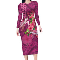 Hawaiian Turtle Love Couple Long Sleeve Bodycon Dress - Sweet Hibiscus and Kakau Pattern Rose Color LT03 Long Dress Pink - Polynesian Pride
