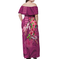 Hawaiian Turtle Love Couple Off Shoulder Maxi Dress - Sweet Hibiscus and Kakau Pattern Rose Color
