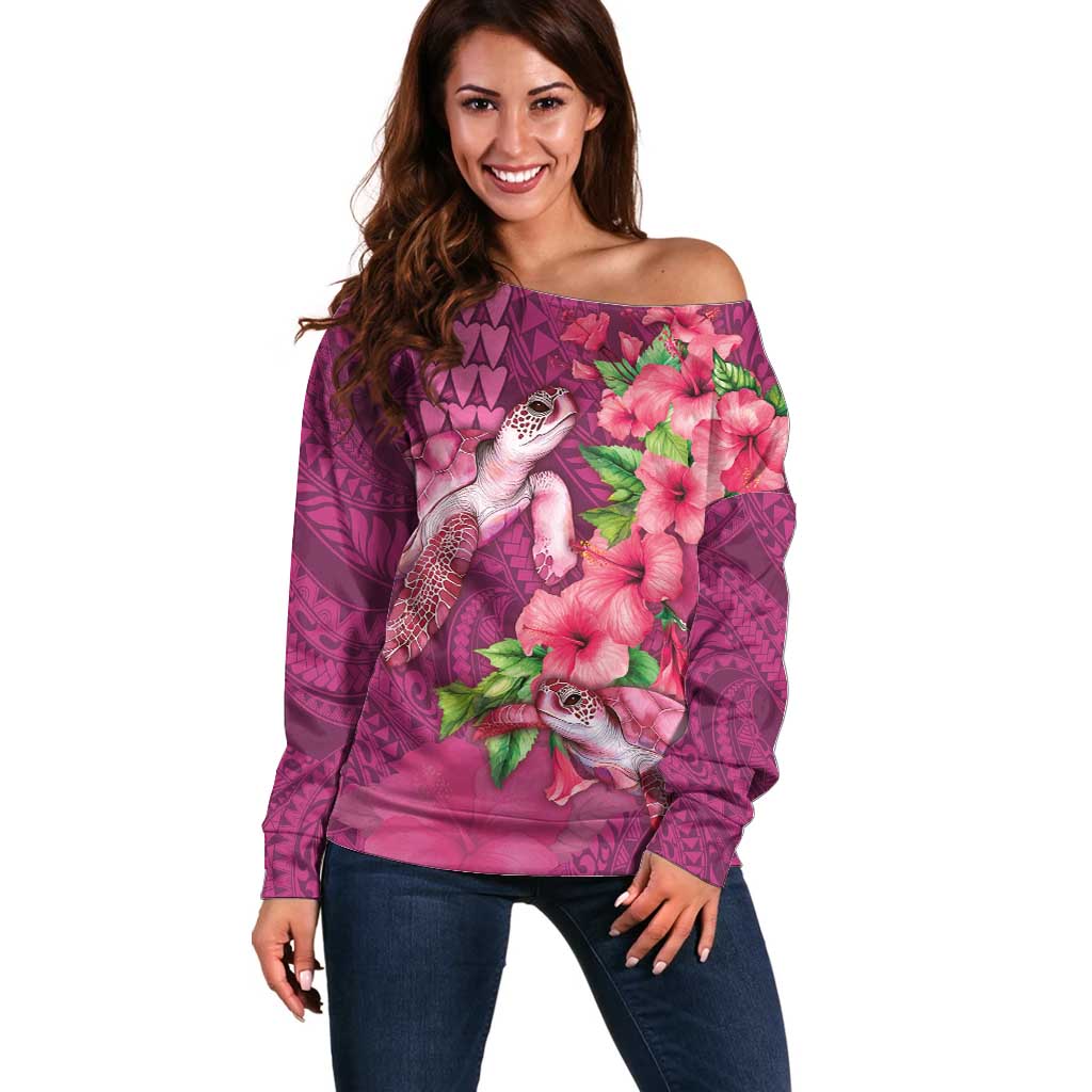 Hawaiian Turtle Love Couple Off Shoulder Sweater - Sweet Hibiscus and Kakau Pattern Rose Color