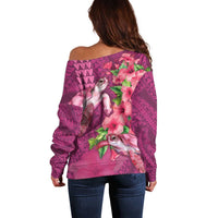 Hawaiian Turtle Love Couple Off Shoulder Sweater - Sweet Hibiscus and Kakau Pattern Rose Color