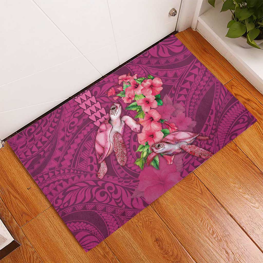 Hawaiian Turtle Love Couple Rubber Doormat - Sweet Hibiscus and Kakau Pattern Rose Color