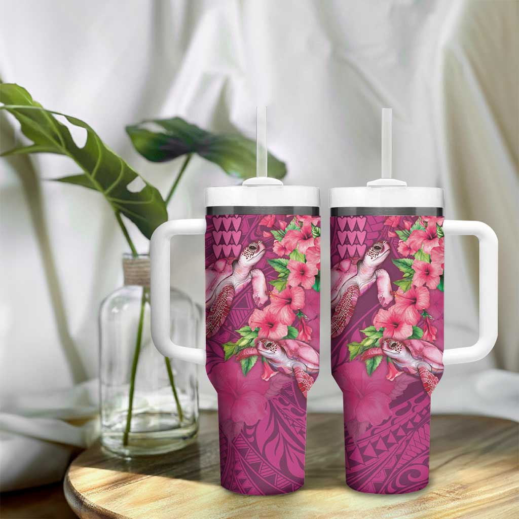 Hawaiian Turtle Love Couple Tumbler With Handle Sweet Hibiscus and Kakau Pattern Rose Color