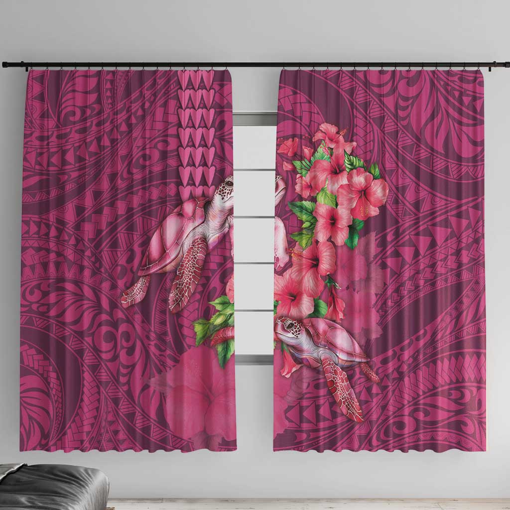 Hawaiian Turtle Love Couple Window Curtain - Sweet Hibiscus and Kakau Pattern Rose Color