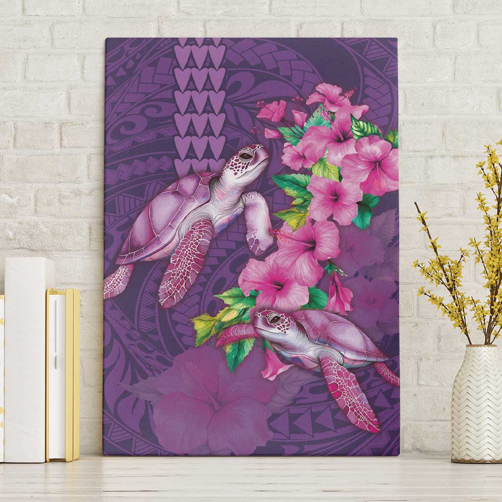 Hawaiian Turtle Love Couple Canvas Wall Art - Sweet Hibiscus and Kakau Pattern Deep Purple Color