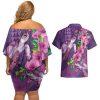 Hawaiian Turtle Love Couple Couples Matching Off Shoulder Short Dress and Hawaiian Shirt - Sweet Hibiscus and Kakau Pattern Deep Purple Color