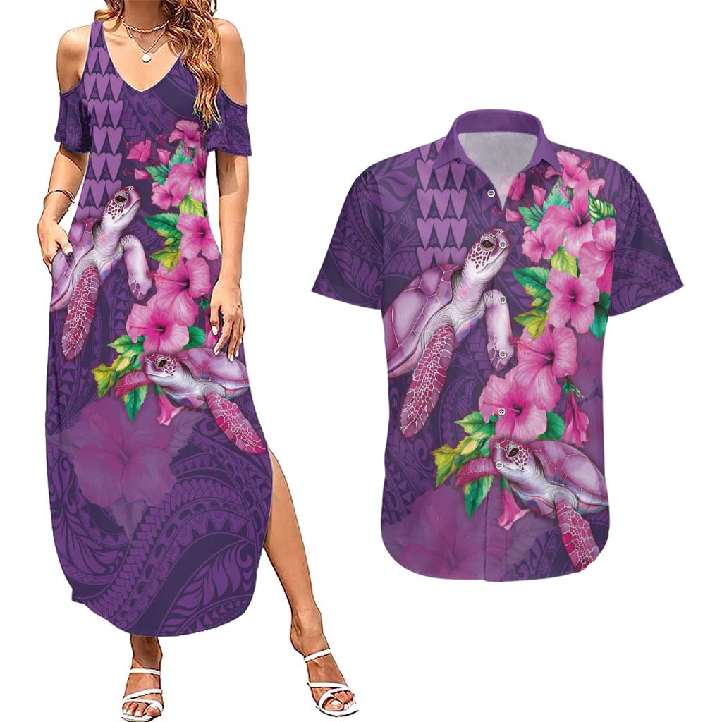 Hawaiian Turtle Love Couple Couples Matching Summer Maxi Dress and Hawaiian Shirt - Sweet Hibiscus and Kakau Pattern Deep Purple Color