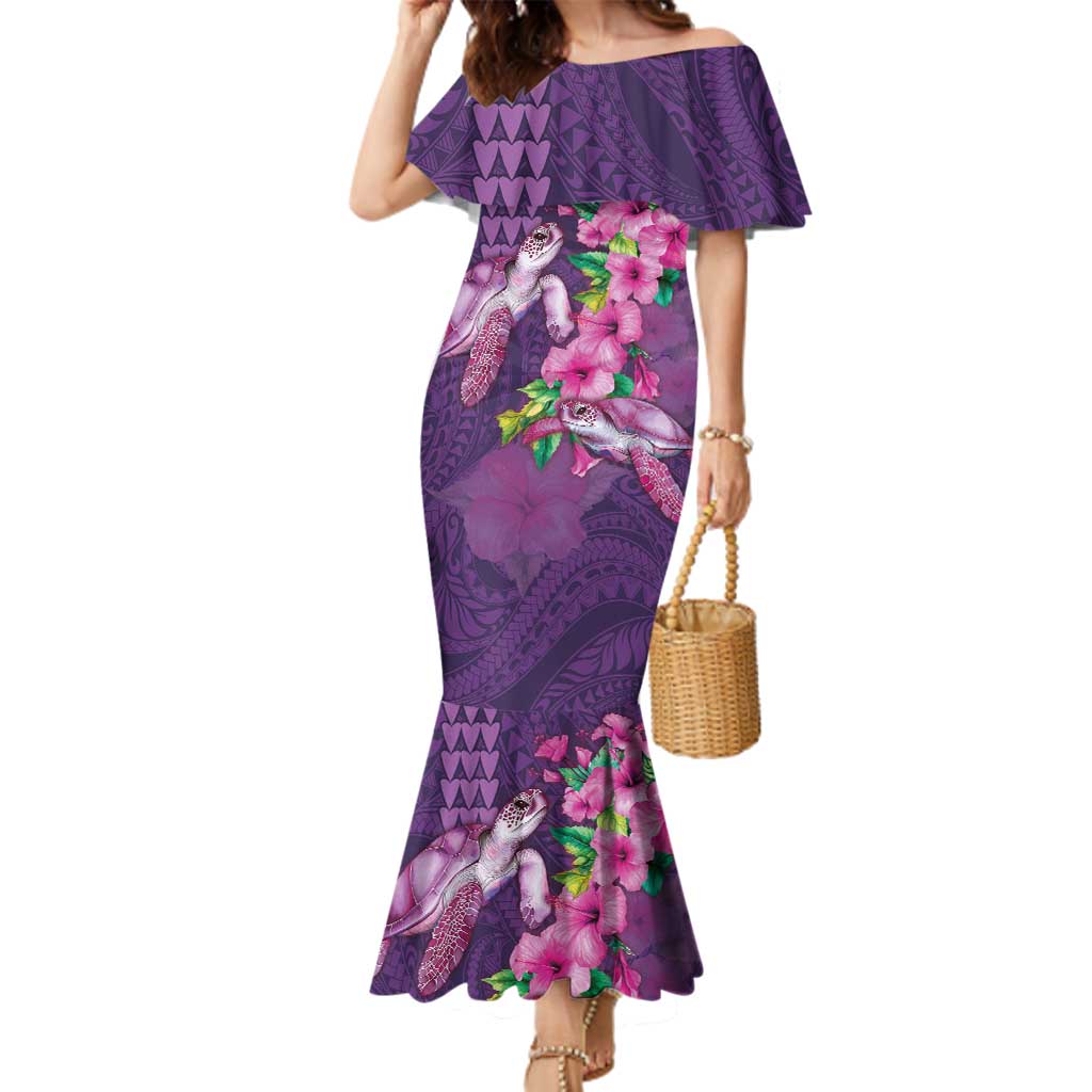 Hawaiian Turtle Love Couple Family Matching Mermaid Dress and Hawaiian Shirt - Sweet Hibiscus and Kakau Pattern Deep Purple Color