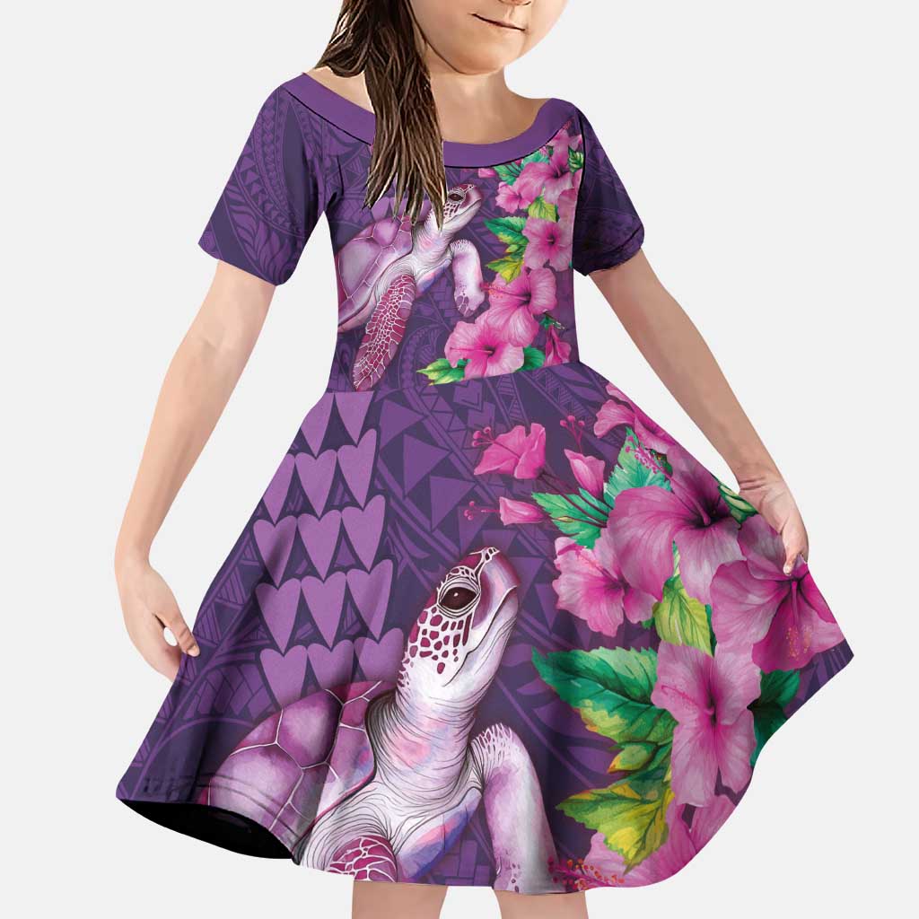 Hawaiian Turtle Love Couple Family Matching Puletasi and Hawaiian Shirt - Sweet Hibiscus and Kakau Pattern Deep Purple Color LT03 Daughter's Dress Purple - Polynesian Pride