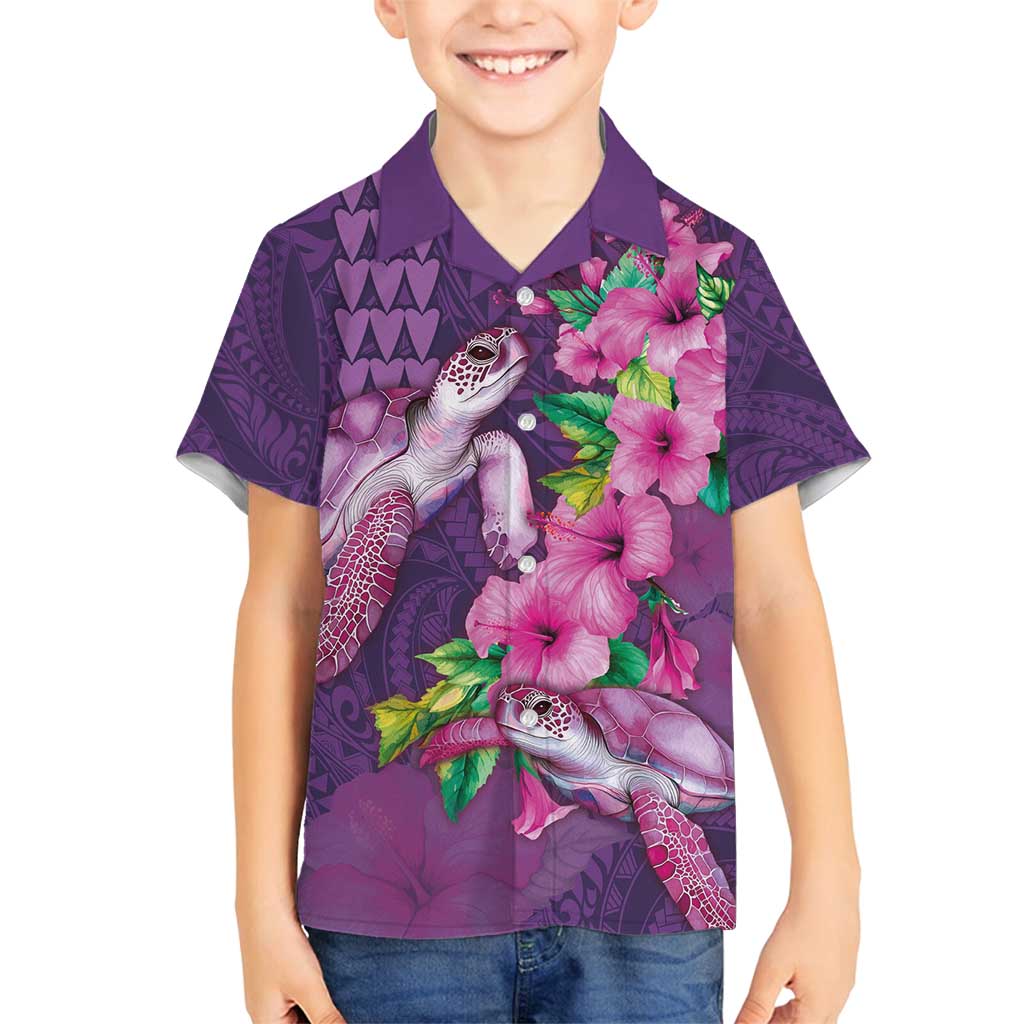 Hawaiian Turtle Love Couple Family Matching Puletasi and Hawaiian Shirt - Sweet Hibiscus and Kakau Pattern Deep Purple Color LT03 Son's Shirt Purple - Polynesian Pride