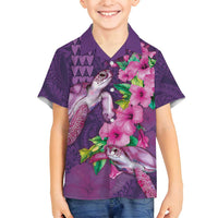 Hawaiian Turtle Love Couple Family Matching Puletasi and Hawaiian Shirt - Sweet Hibiscus and Kakau Pattern Deep Purple Color LT03 Son's Shirt Purple - Polynesian Pride