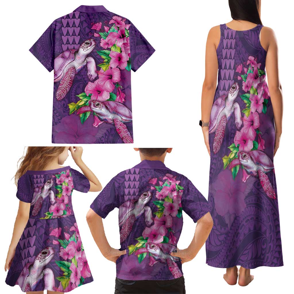 Hawaiian Turtle Love Couple Family Matching Tank Maxi Dress and Hawaiian Shirt - Sweet Hibiscus and Kakau Pattern Deep Purple Color