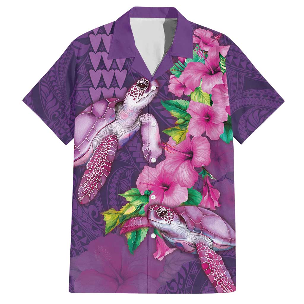 Hawaiian Turtle Love Couple Hawaiian Shirt - Sweet Hibiscus and Kakau Pattern Deep Purple Color