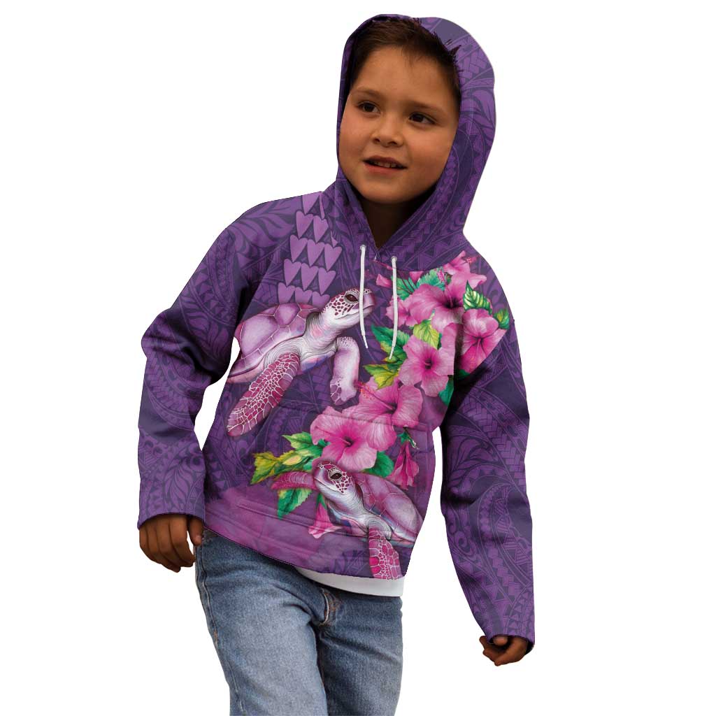 Hawaiian Turtle Love Couple Kid Hoodie - Sweet Hibiscus and Kakau Pattern Deep Purple Color