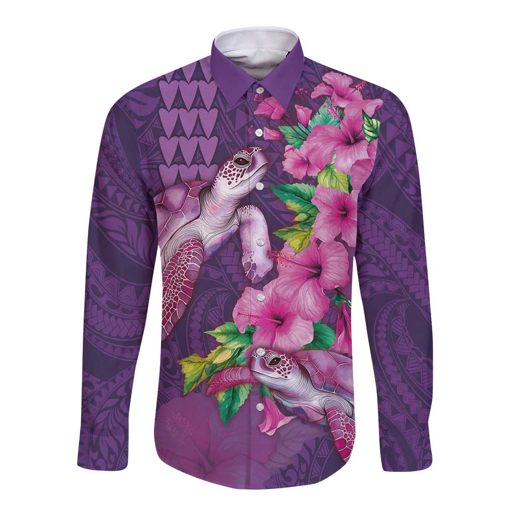 Hawaiian Turtle Love Couple Long Sleeve Button Shirt - Sweet Hibiscus and Kakau Pattern Deep Purple Color