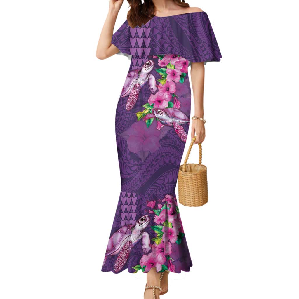 Hawaiian Turtle Love Couple Mermaid Dress - Sweet Hibiscus and Kakau Pattern Deep Purple Color