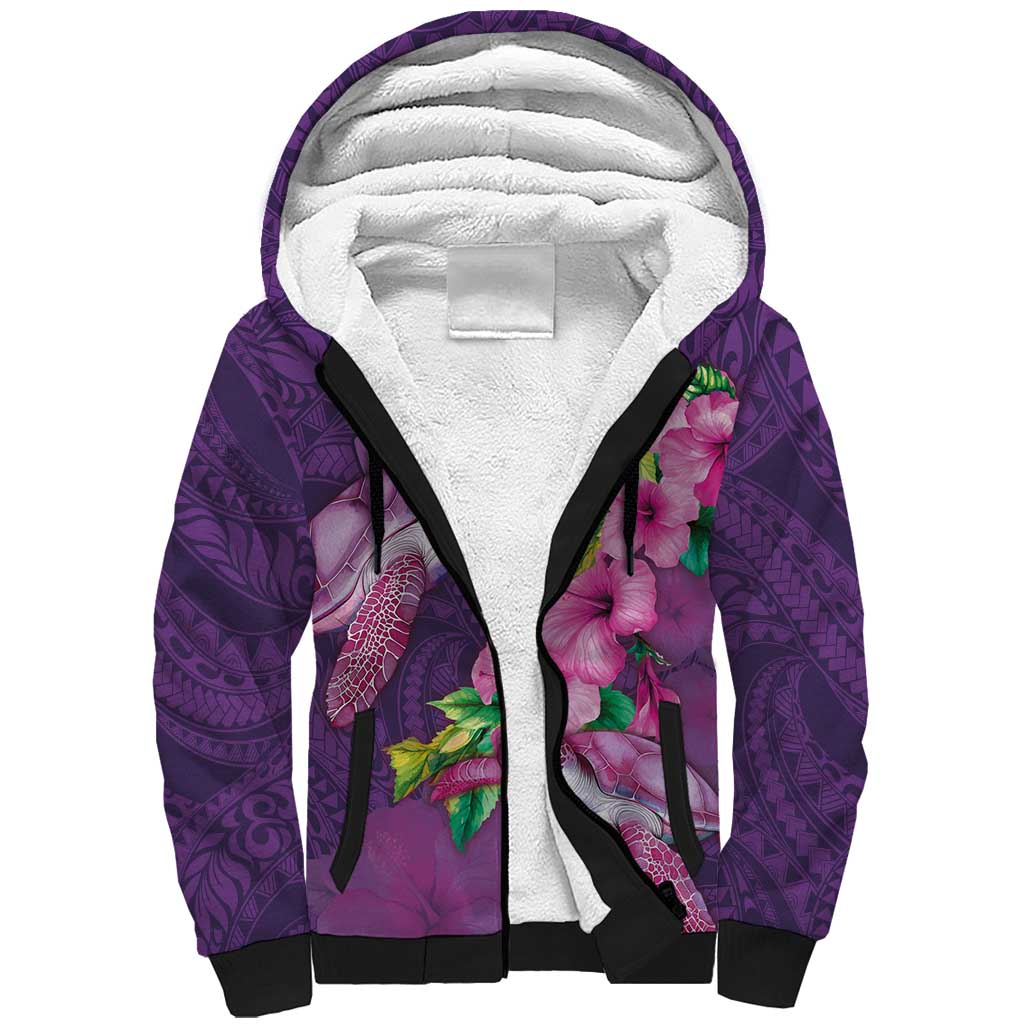 Hawaiian Turtle Love Couple Sherpa Hoodie - Sweet Hibiscus and Kakau Pattern Deep Purple Color