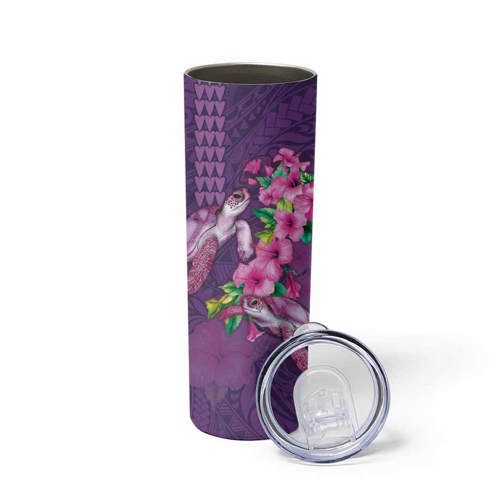 Hawaiian Turtle Love Couple Skinny Tumbler Sweet Hibiscus and Kakau Pattern Deep Purple Color