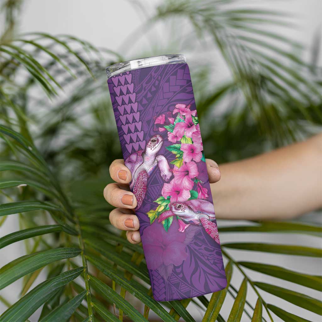 Hawaiian Turtle Love Couple Skinny Tumbler Sweet Hibiscus and Kakau Pattern Deep Purple Color